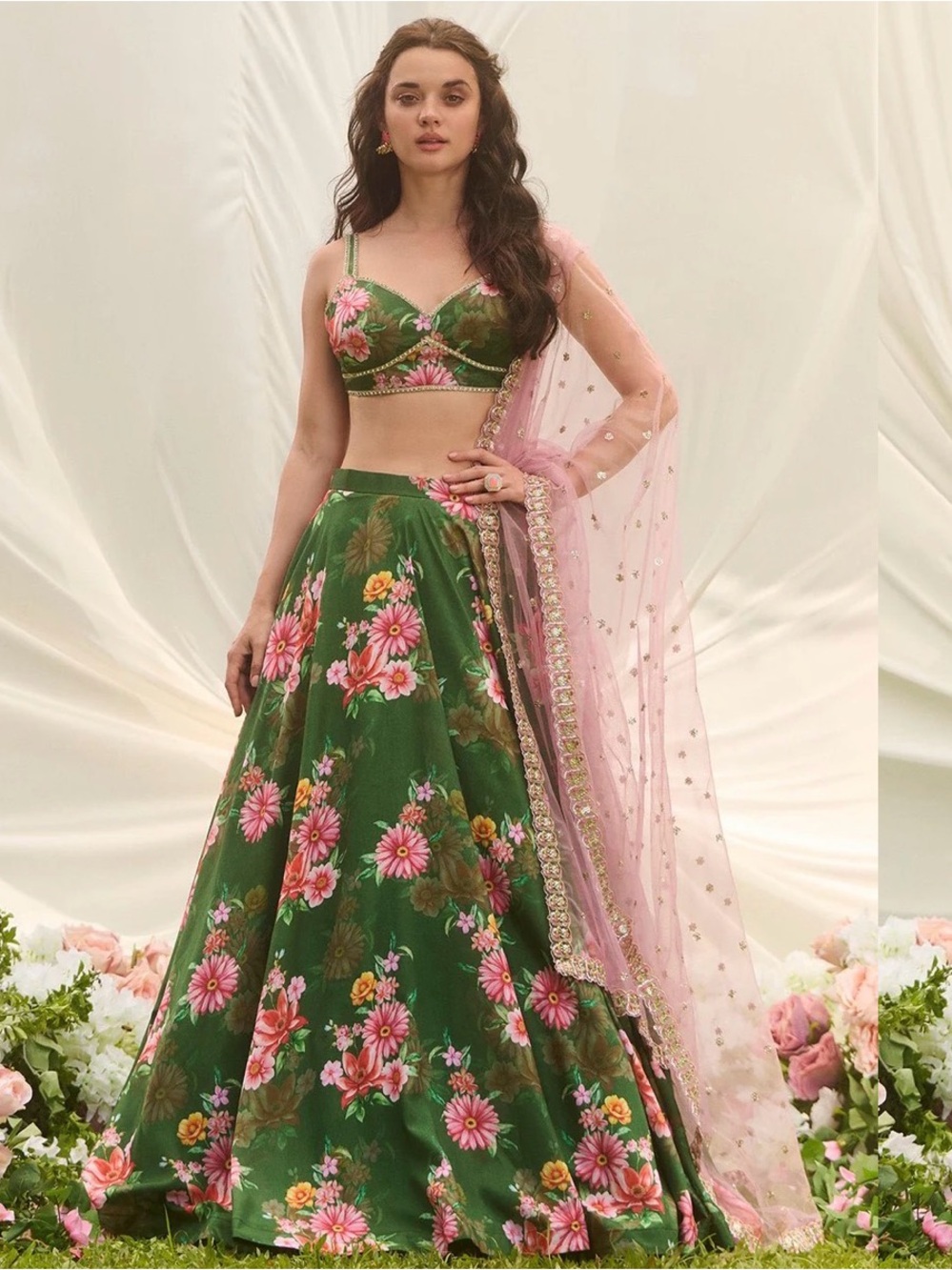 Green with flowers lehenga